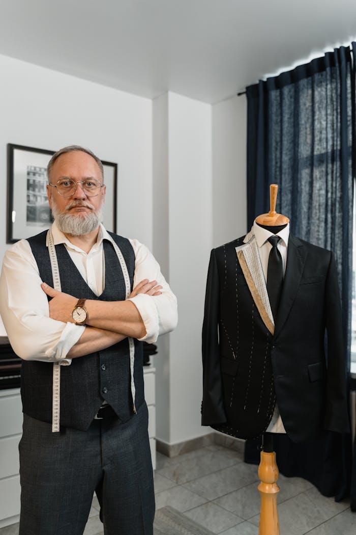 services-01 Experienced tailor posing in stylish workshop with a bespoke suit on mannequin.